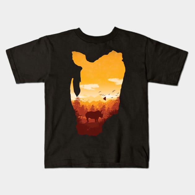 Rhino landscape Kids T-Shirt by Jackson Lester